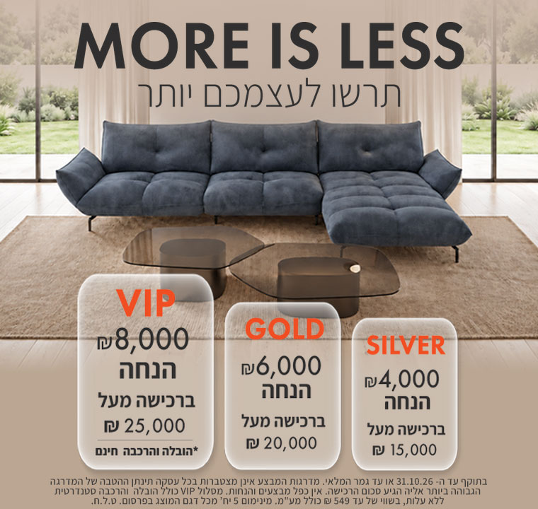 באנר מבצע מדרגות הנחה של רשת איטלסופה (Italsofa) עם הכותרות 'MORE IS LESS - תרשו לעצמכם יותר' ומסלולי הטבות VIP, GOLD ו-SILVER של עד 8,000 ₪ הנחה. במרכז הבאנר מוצגת ספת שזלונג פינתית מבד קפיטונז' יוקרתי בגוון כחול עמוק, לצד זוג שולחנות סלון משושים עם משטח זכוכית.