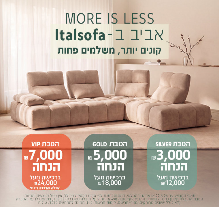 באנר מבצע אביב ברשת Italsofa תחת הכותרת MORE IS LESS. במרכז הבאנר מוצגת ספה פינתית מעוצבת בגוון ניוד-בז' עם קפיטונאז' מרובע ומשענות גב מתכווננות, ובתחתית מפורטות מדרגות הנחה של 3,000 ₪, 5,000 ₪ ו-7,000 ₪ בהתאם לגובה הרכישה.
