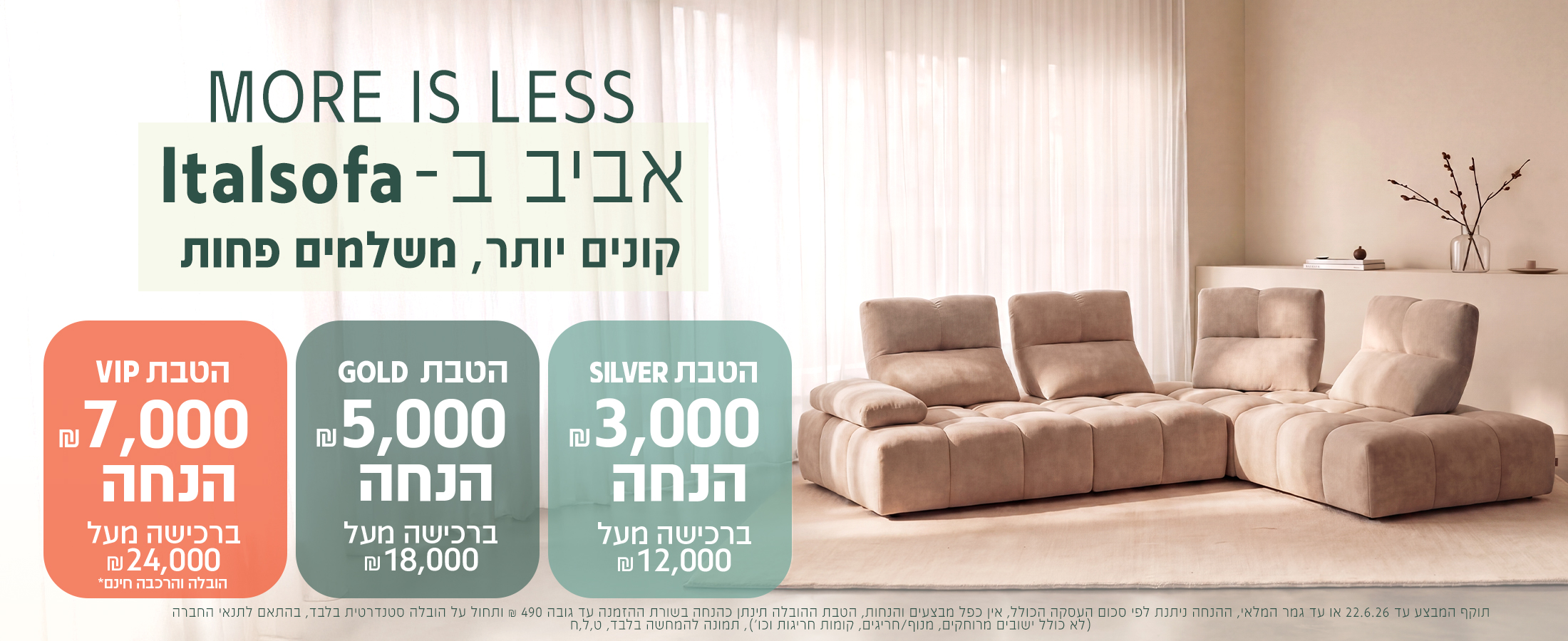 באנר מבצע אביב ברשת Italsofa תחת הכותרת MORE IS LESS. במרכז הבאנר מוצגת ספה פינתית מעוצבת בגוון ניוד-בז' עם קפיטונאז' מרובע ומשענות גב מתכווננות, ובתחתית מפורטות מדרגות הנחה של 3,000 ₪, 5,000 ₪ ו-7,000 ₪ בהתאם לגובה הרכישה.