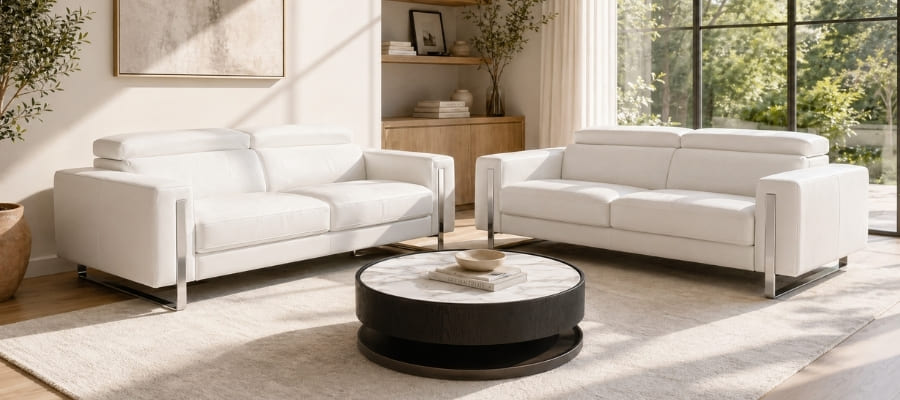 מערכת ישיבה יוקרתית הכוללת שתי ספות עור לבנות בעיצוב מודרני, לצד שולחן קפה עגול עם פלטת שיש ורגל כהה, מוצבים בסלון מואר, אלגנטי ונייטרלי.