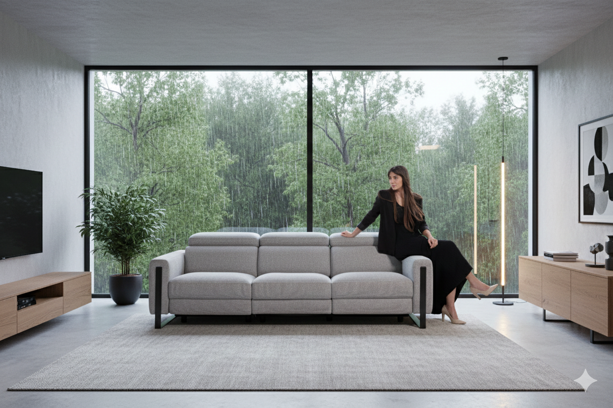 a woman on the edge of a sofa